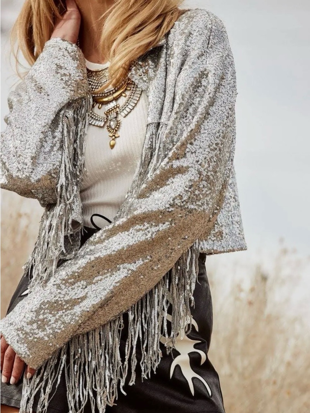 12th Tribe Star Crossed Silver Sequin Fringe Jacket NWT S/M Western - Picture 8 of 8